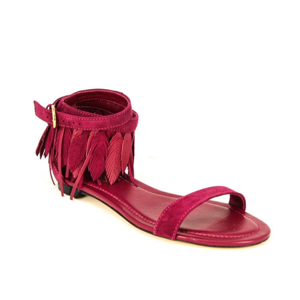 TOD'S Deep Magenta Suede Leaves Fringe Ankle-Strap Flat Sandals size 37